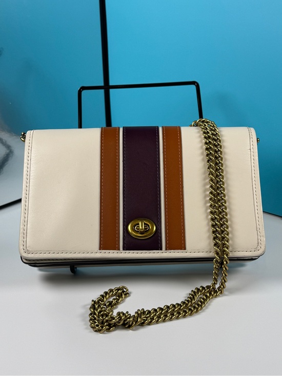 Coach Handbags - Coach Callie Foldover Chain Clutch Cream With Plum Varsity Stripe